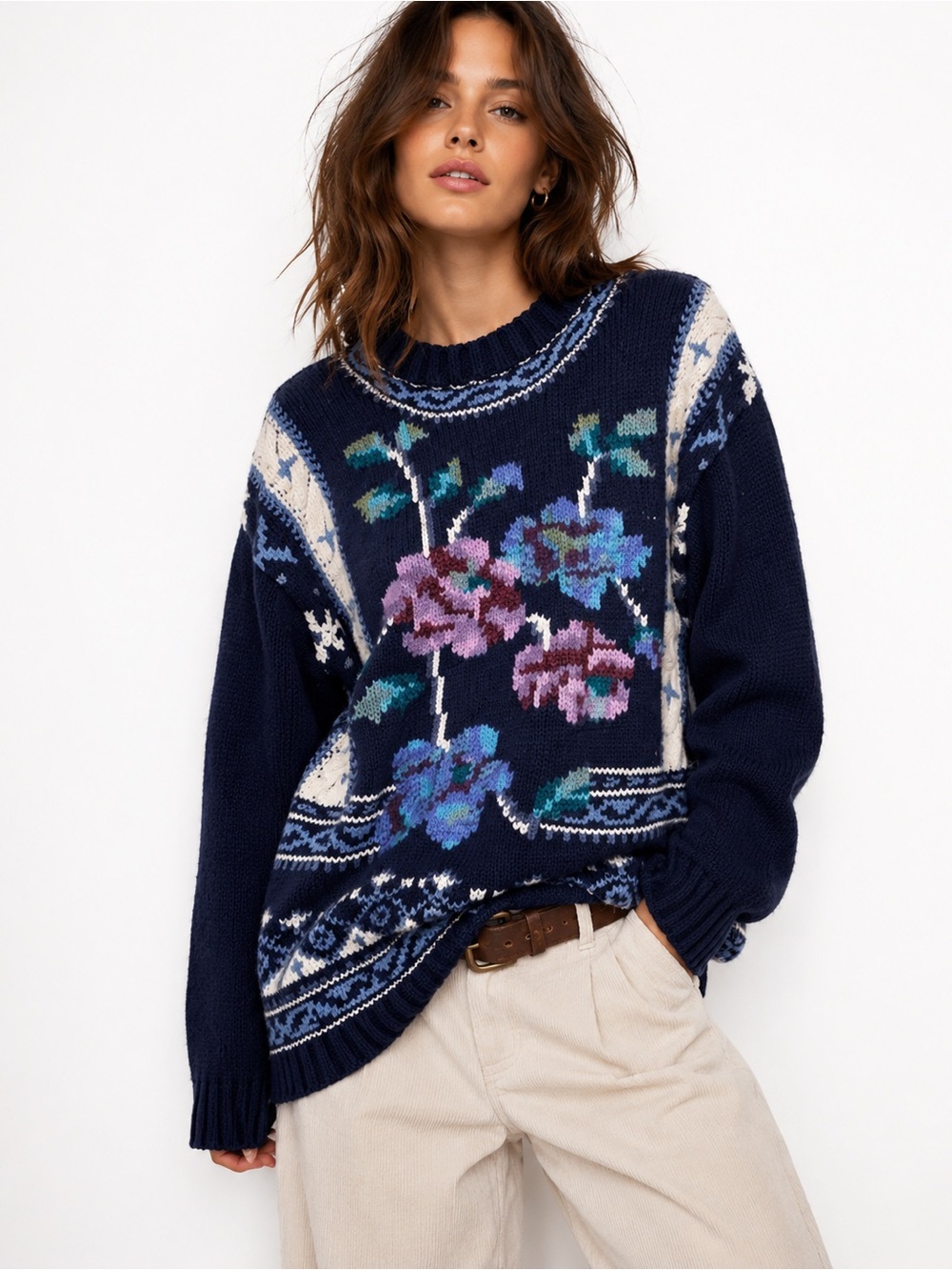 Vintage Floral Chunky Knit Cotton Blend Romantic Winter Sweater Womens Medium